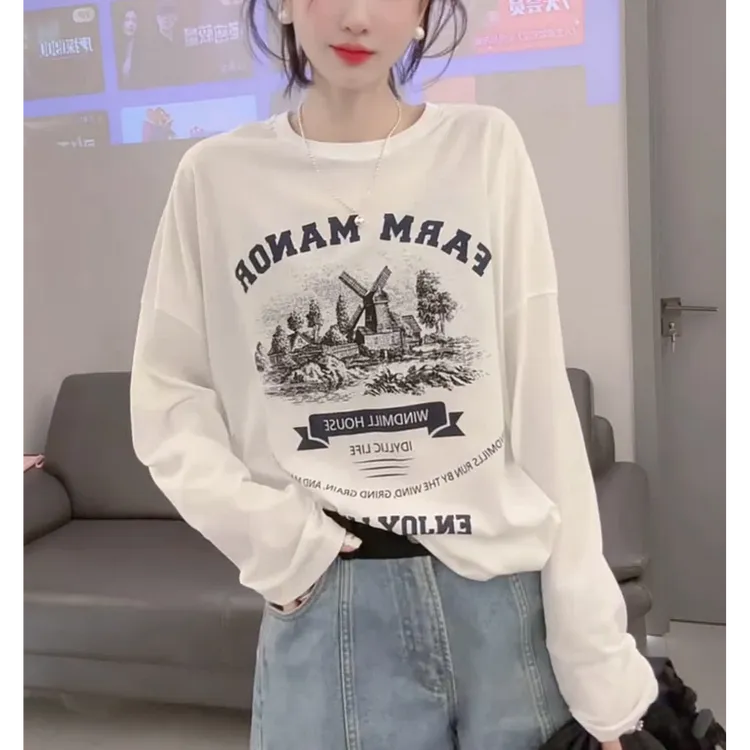 高品质字母印花棉质长袖T恤女早春秋韩系减龄宽松内搭上衣服打底