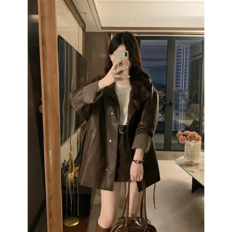 美拉德咖色复古pu皮衣外套女秋季新款宽松高级独特中长款夹克上衣