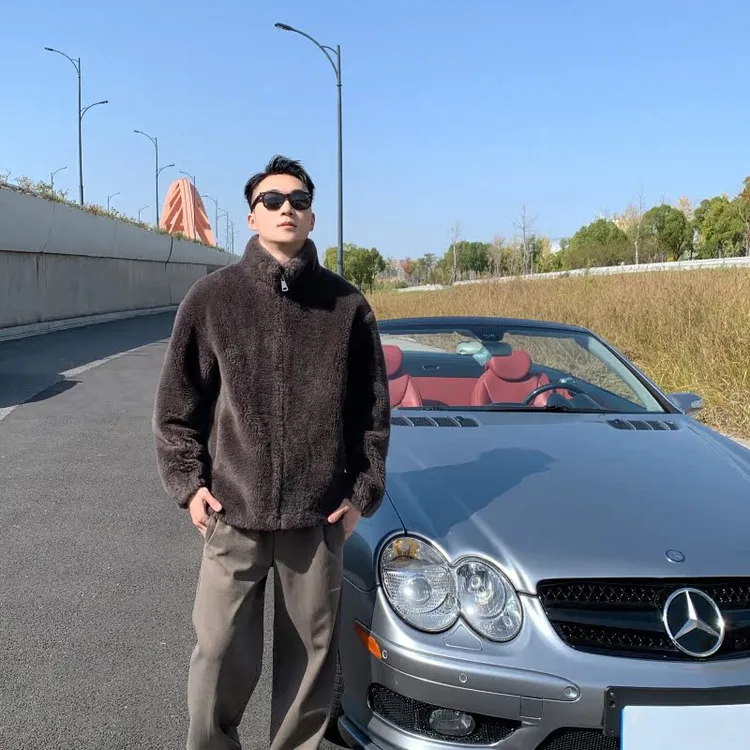 秋冬款日系港风澳洲绵羊毛颗粒男外套立领夹克大衣100%真羊毛加厚