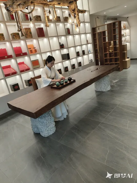 侘寂风原木大板茶桌茶台风化老木民宿餐桌设计师石头茶室泡茶桌子