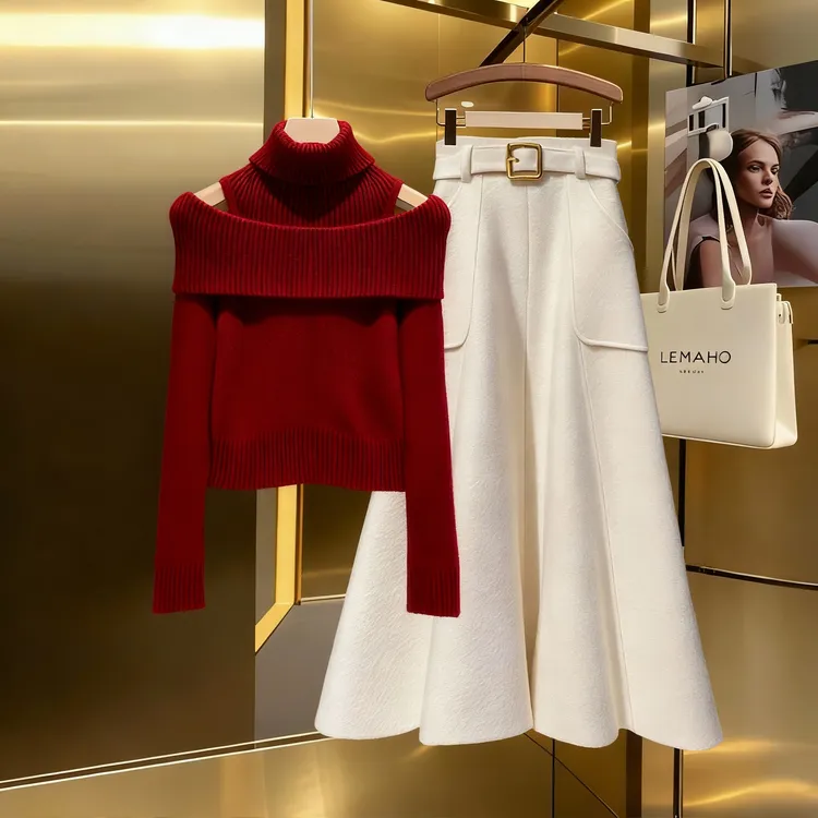 软糯慵懒风红色假两件高领内搭毛衣秋冬a字加厚半身裙套装女爆款