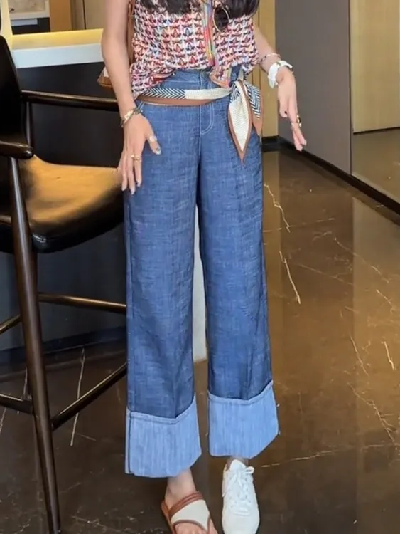 蓝色撞色休闲裤女2025新款夏季宽松慵懒风气质高腰显瘦直筒阔腿裤