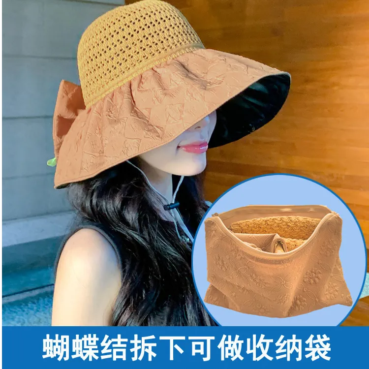 新款黑胶蝴蝶结遮阳帽 镂空草帽防紫外线大檐遮脸防晒凉帽渔夫帽