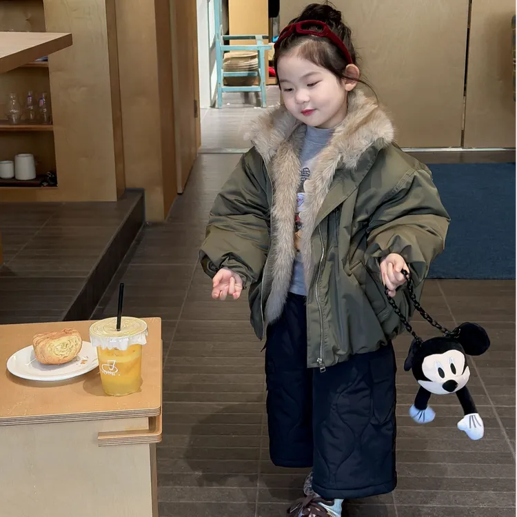 儿童套装2025冬装新款时尚洋气毛领棉衣外套夹棉工装棉裤两件套潮