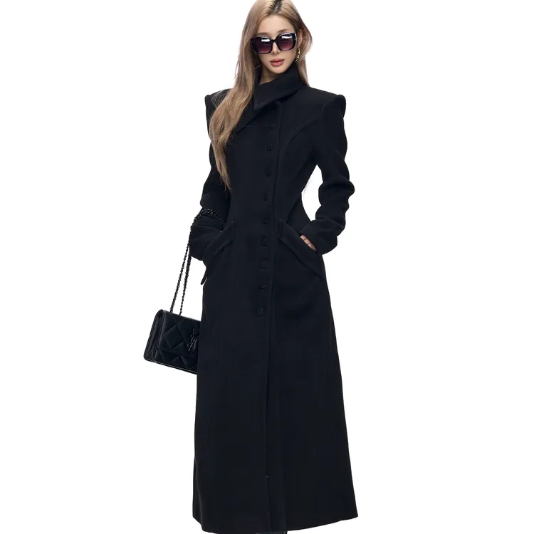黑色花苞大翻领长款收腰外套经典收腰A字摆赫本风大衣女2025秋冬