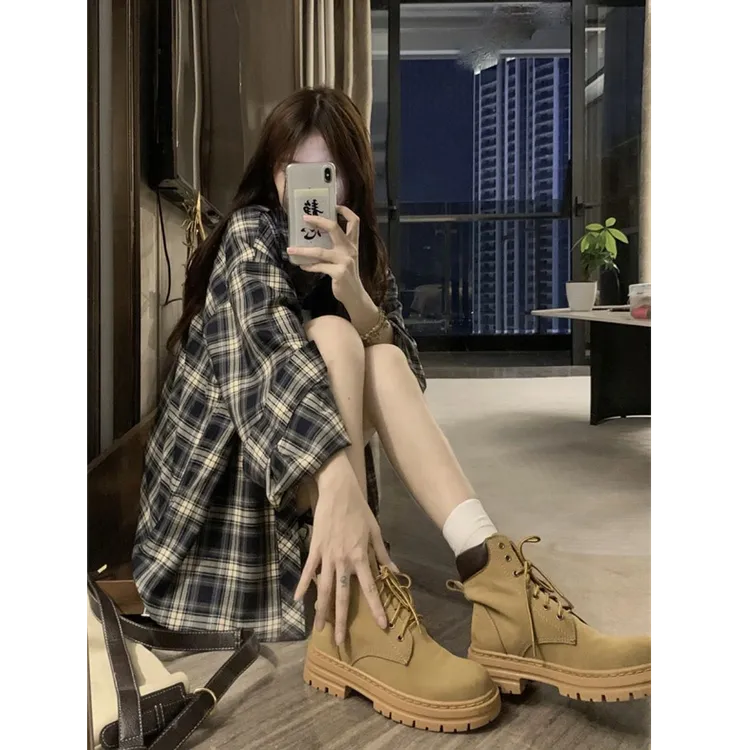 幂式秋季新款复古格纹衬衫女休闲外套长袖小众宽松衫衬衣港味女装
