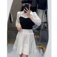 名媛P9927套装显瘦气质高腰时尚泡泡袖假两件拼接