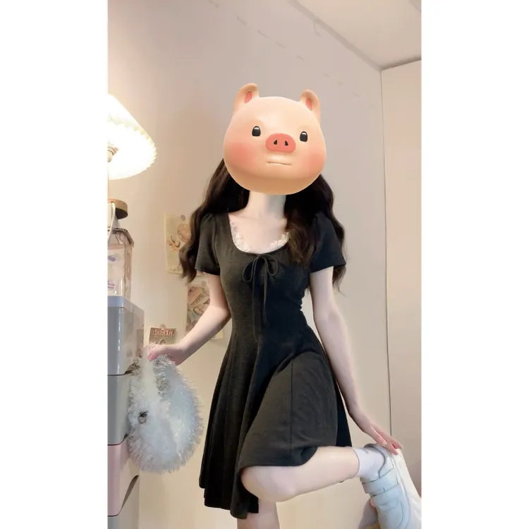 大码【费丽假日】法式甜辣蕾丝蝴蝶结设计感针织收腰显瘦洋气连衣裙