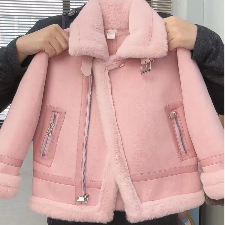 2026冬季新款洋气女中大童机车服外套时尚加厚皮毛一体上衣女宝潮