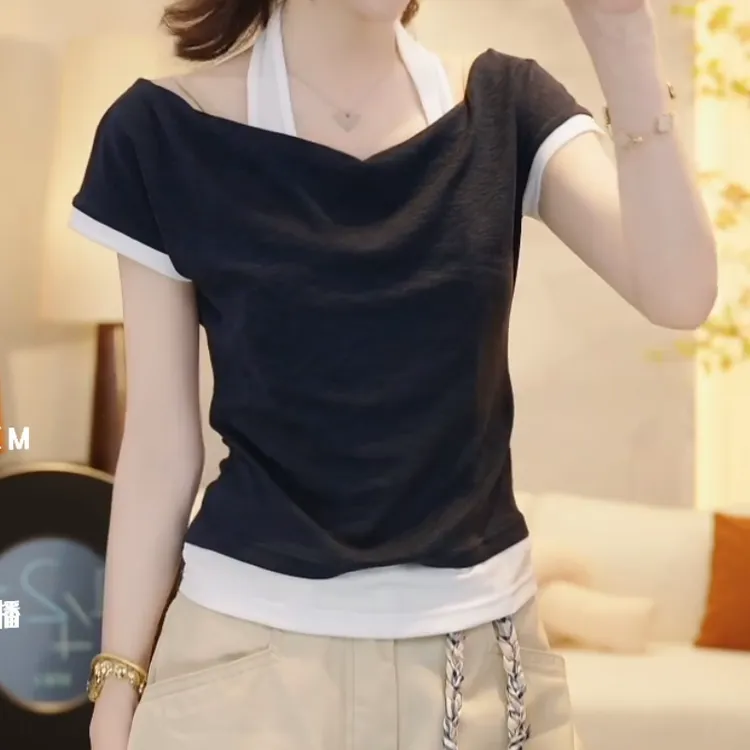 【温柔日落】夏季设计师轻奢优雅露肩挂脖时尚收腰T恤LK2504725