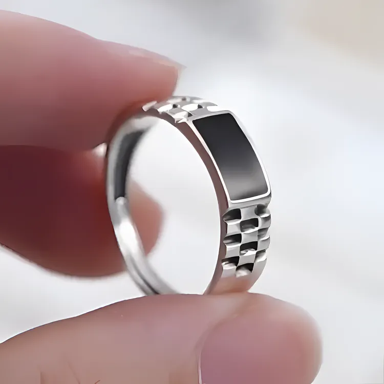 钛钢戒指 气质轻奢棋盘格戒指男潮流个性男士食指戒温感变色指环