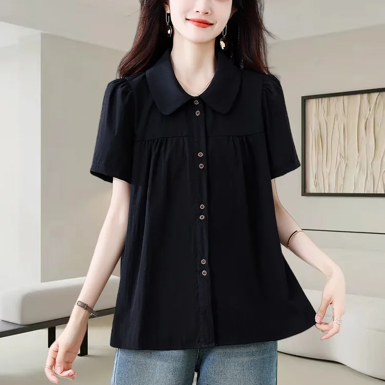 法式黑色正肩短袖衬衫女夏季2025新款洋气减龄宽松遮肚子显瘦上衣