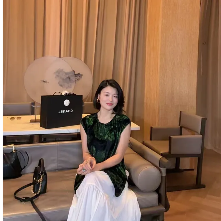 TANTAN  真丝丝绒 气质绿色印花背心1925