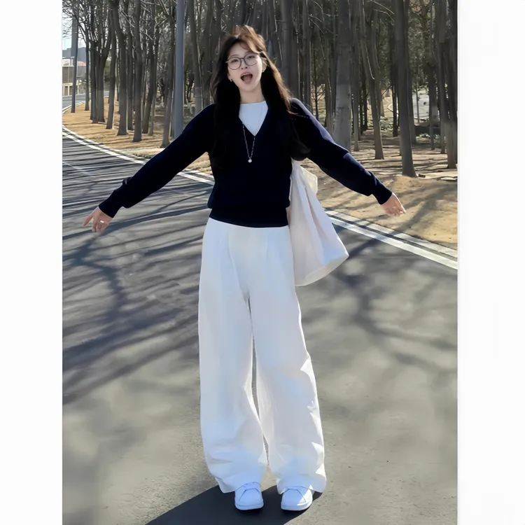 巨好看小个子套装女新款超火穿搭假两件针织衫+牛仔裤两件套潮