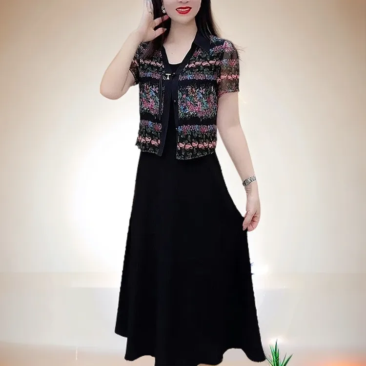 中年妈妈装假两件印花中长款连衣裙夏季新款气质优雅收腰显瘦裙子