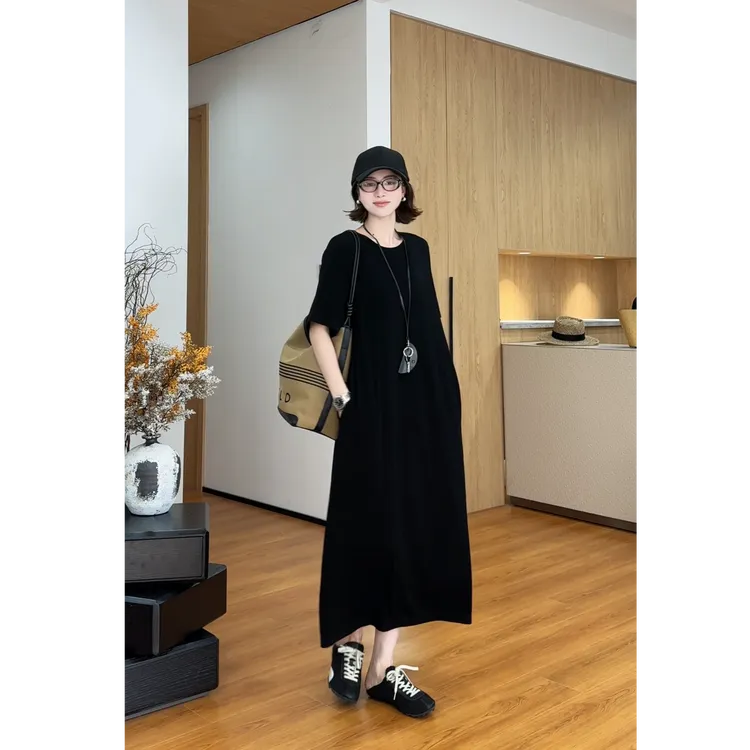 YYOUHAN 2025新款【黑色云】竖纹肌理感百搭醋酸连衣裙 2507C3875