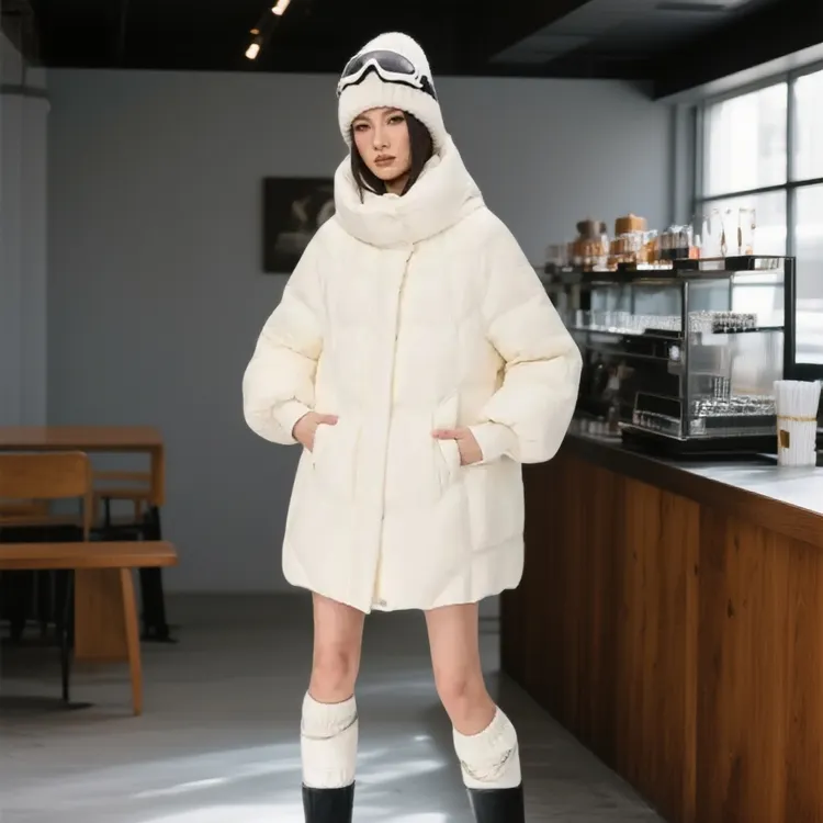 女款连帽白鸭绒加厚保暖宽松中长款时尚冬季羽绒服潮流