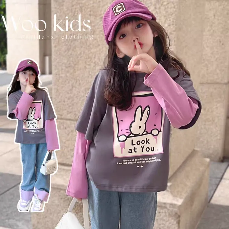 女童纯棉t恤洋气春秋款2025新款韩版宽松假两件长袖上衣儿童体恤