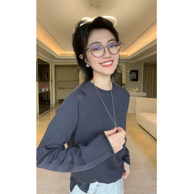 轻奢精纺羊毛气质针织衫女圆领长袖简约纯色套头打底衫--SAS8413