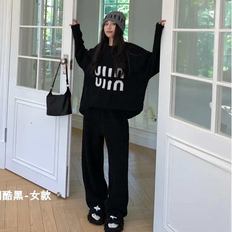 半边绒情侣MM套装冬季新款家居服睡衣圆领秋冬服装长袖网红休闲