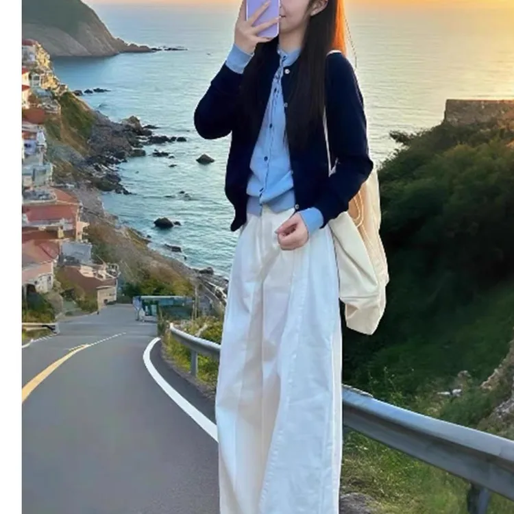 秋冬季女装多巴胺穿搭配一整套别致假两件针织毛衣开衫两件套裤子