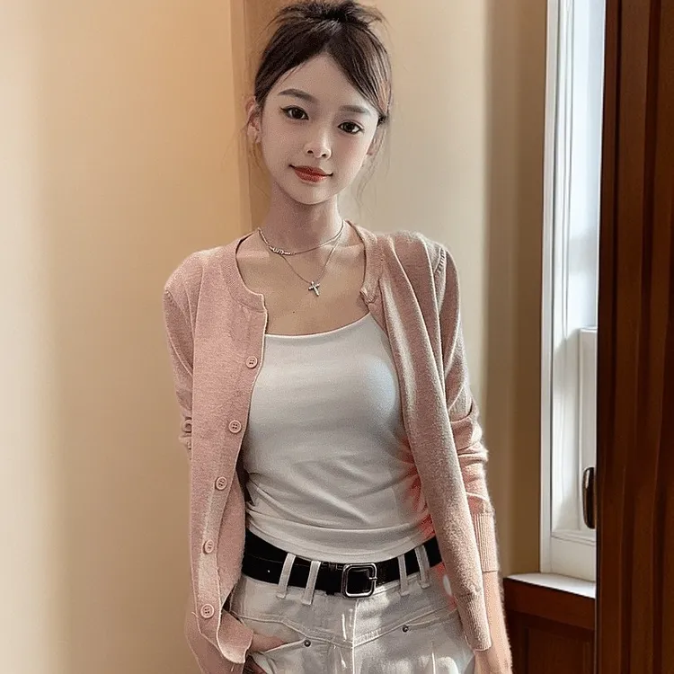 2025新款开衫长袖短款针织衫上衣女春秋季百搭修身外搭薄款外套