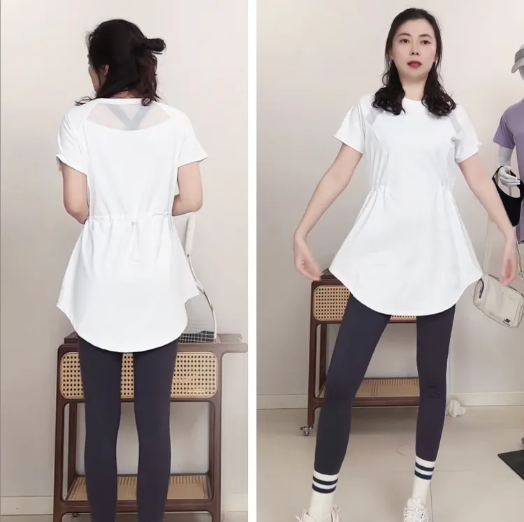 大码女夏季防晒薄款运动T恤速干透气瑜伽健身短袖抽绳收腰遮臀T