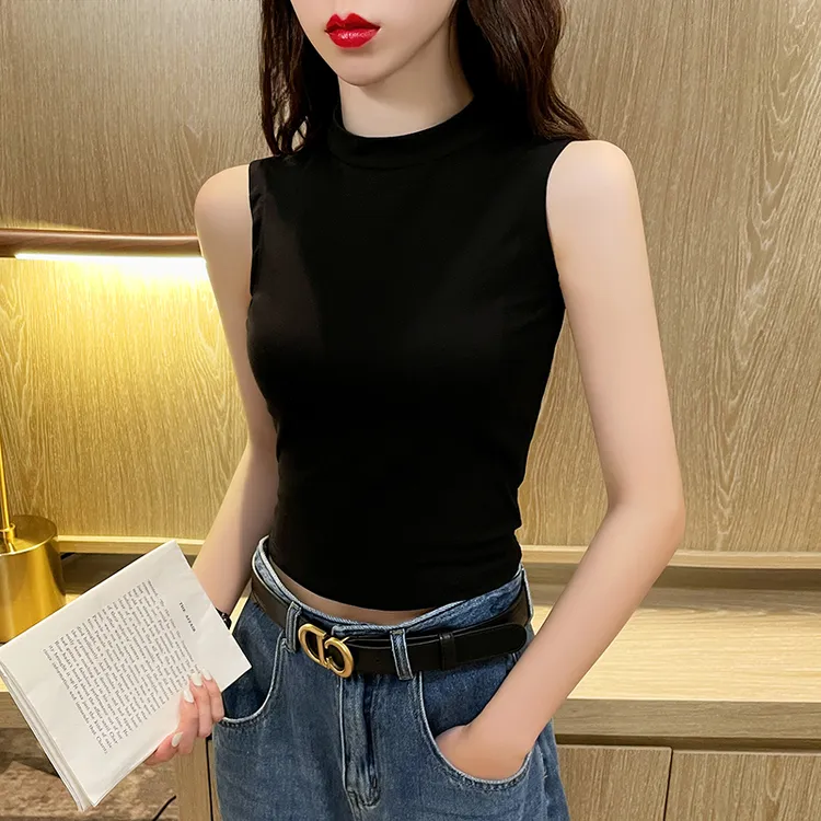 浪莎黑色半高领小背心女外穿夏2025高档无袖T恤内搭修身显瘦