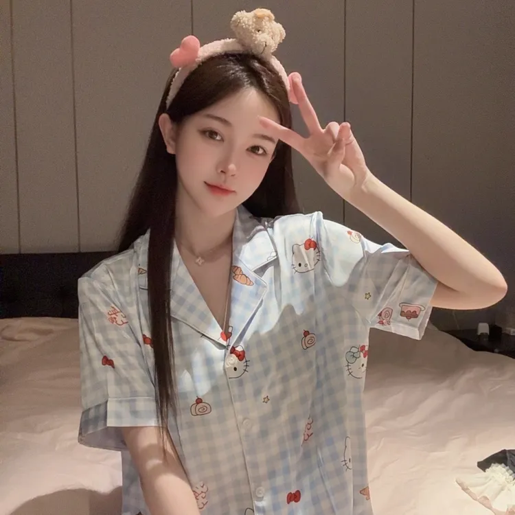 SIEOYJIEA/私迹【蓝色kt短袖】女款气质时尚睡衣家居服套装