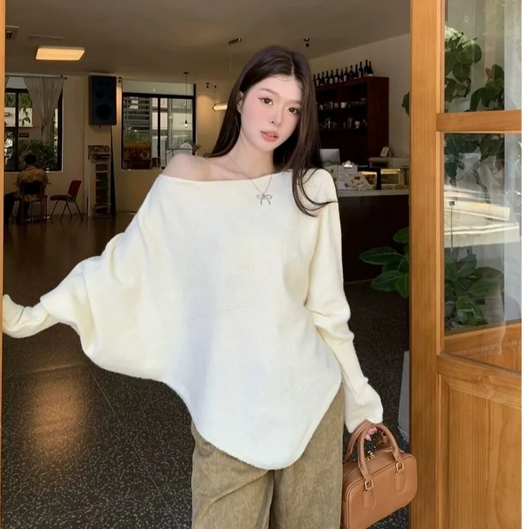 慵懒风V领针织衫毛衣外套2025秋冬新款不规则设计感蝙蝠袖女上衣