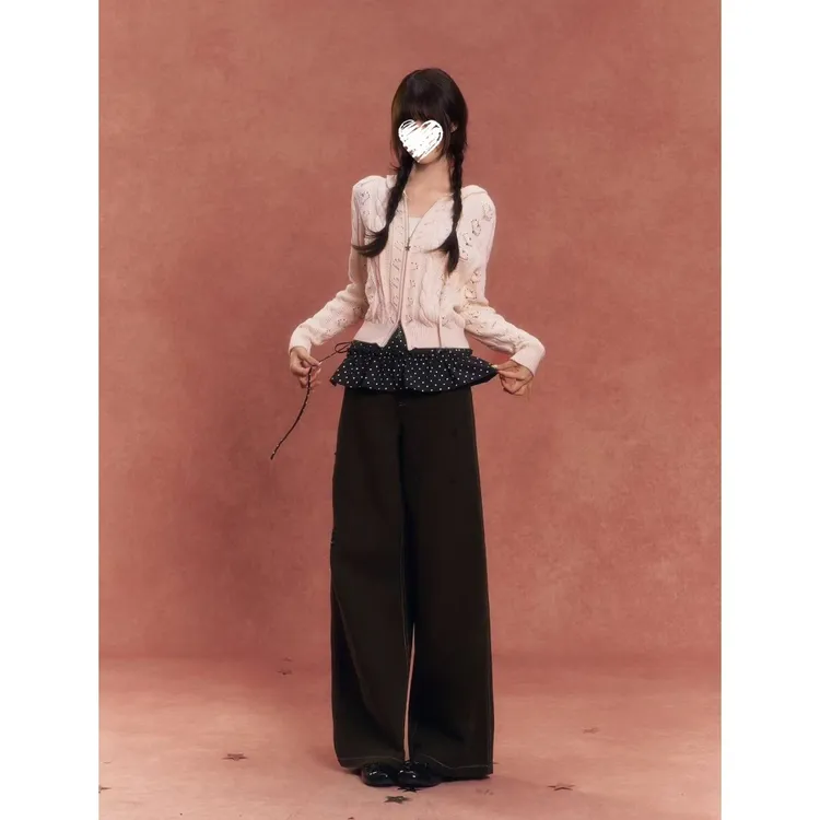 爱心镂空绞花连帽开衫针织外套+水洗破洞休闲长裤  60692