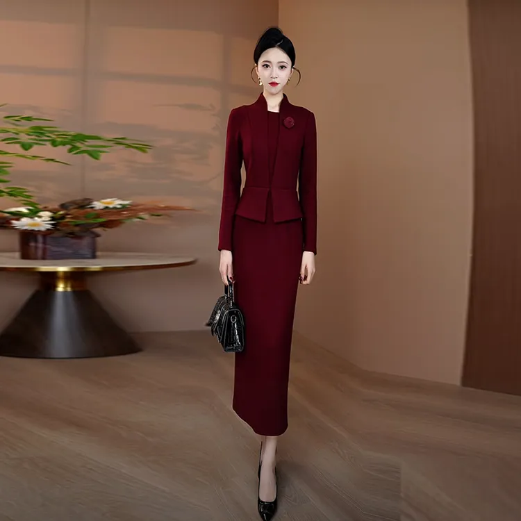 安哥拉红加厚毛呢连衣裙女2025秋冬新款修身显瘦裙子优雅时尚长裙