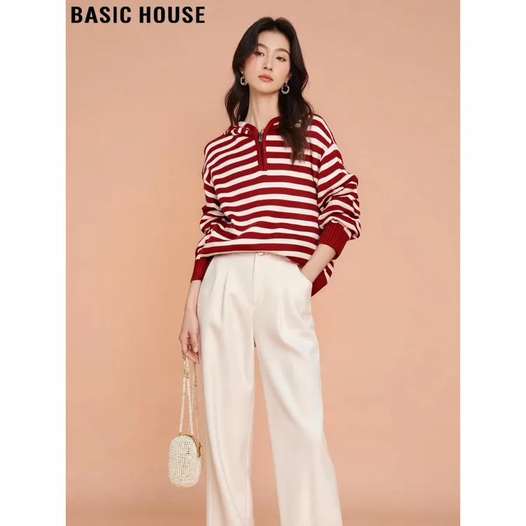 Basic House/百家好复古撞色红色条纹连帽针织衫女2025秋软糯毛衣