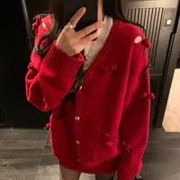 甜粿妹妹蝴蝶结镂空毛衣开衫外套女冬季宽松慵懒风针织衫复古上衣