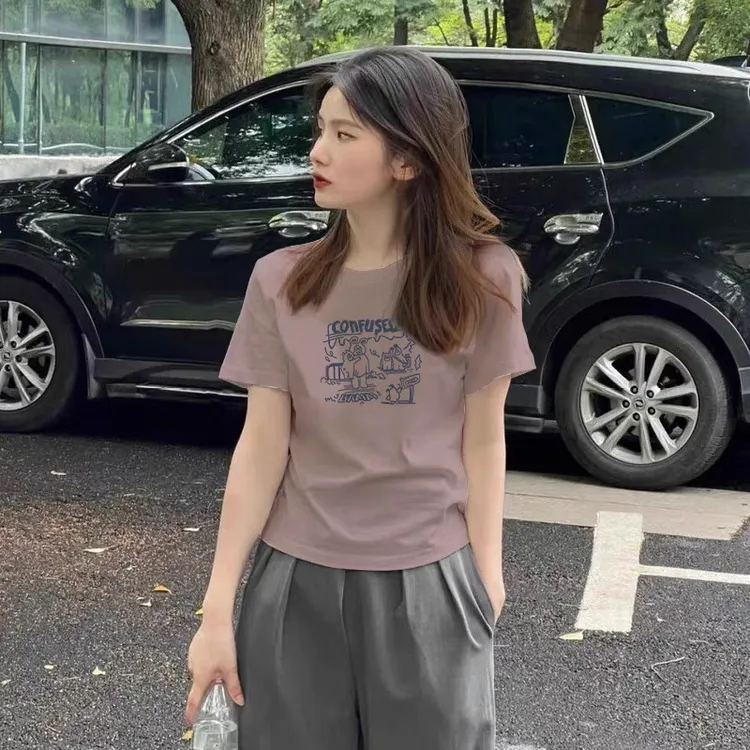 专柜商场撤回新款爆款夏季韩国女装正肩紫色短袖T恤显瘦气质上衣