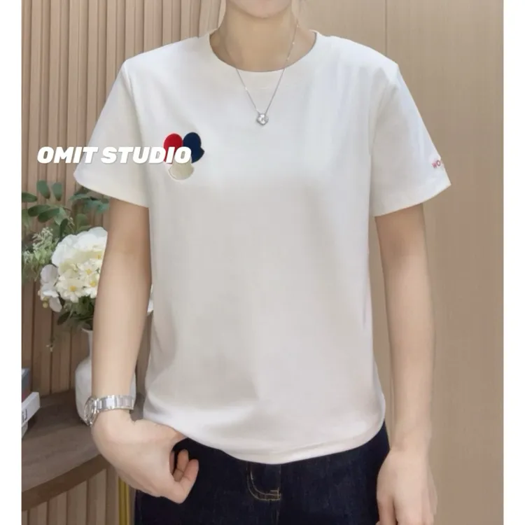 【红蓝白刺绣】新款正肩弹力棉修身简约刺绣常规版短袖