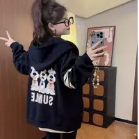 可爱小狗绣花全拉链卫衣美式休闲秋季开衫男女款黑色韩版外套