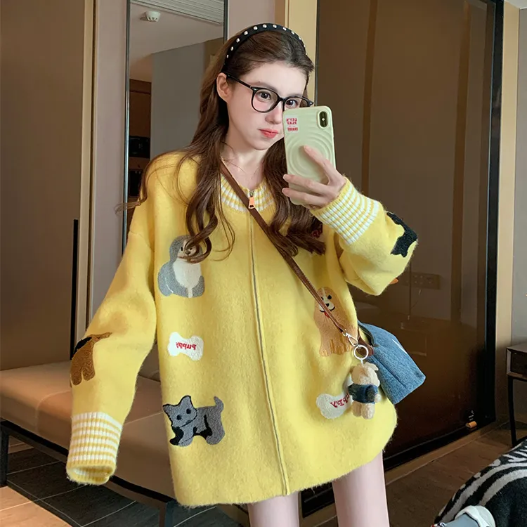 黄色趣味小狗毛衣外套女2025新款秋冬加厚童趣风宽松针织开衫上衣