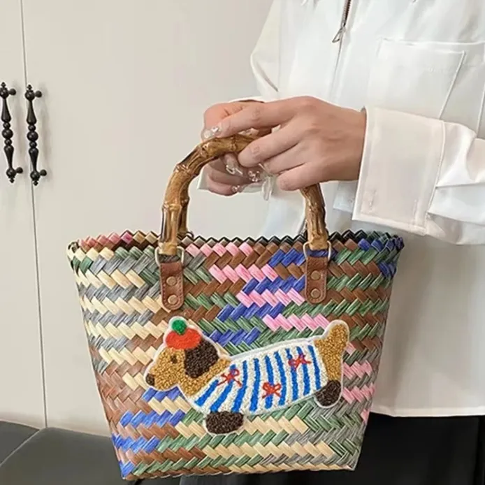 腊肠狗手工仿竹节编织包复古菜篮子网红包包简约