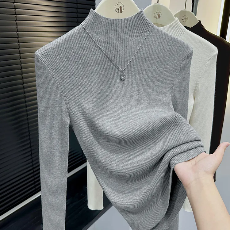 立领针织打底衫女2026新款复古灰色小香风t恤内搭基础款修身上衣