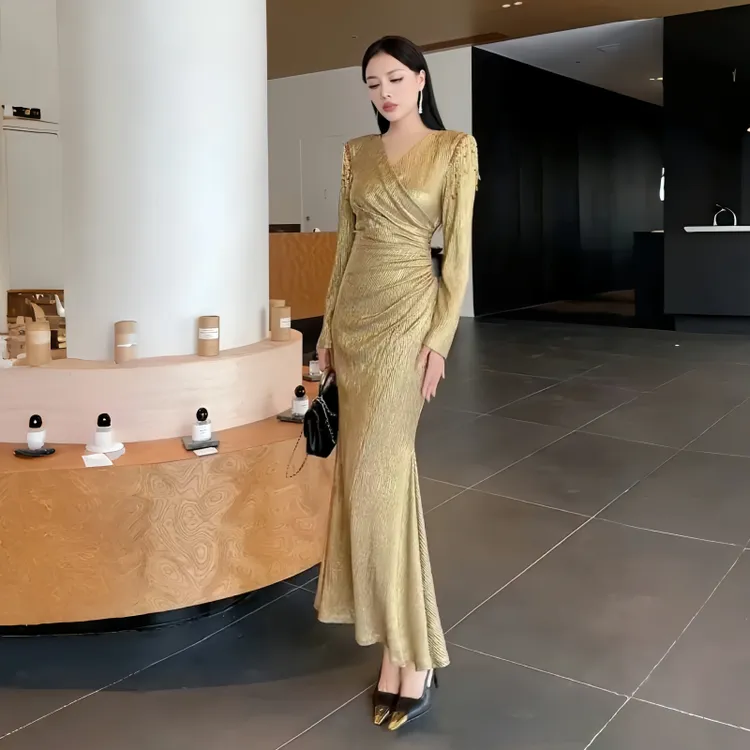 包臀时尚套头长裙气质连衣裙礼服长袖修身长裙针织拉链常规轻奢女