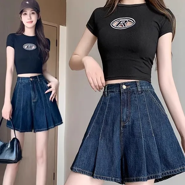 深蓝色牛仔短裙女2025夏季新款大码胖妹妹高腰显瘦百褶阔腿五分裙