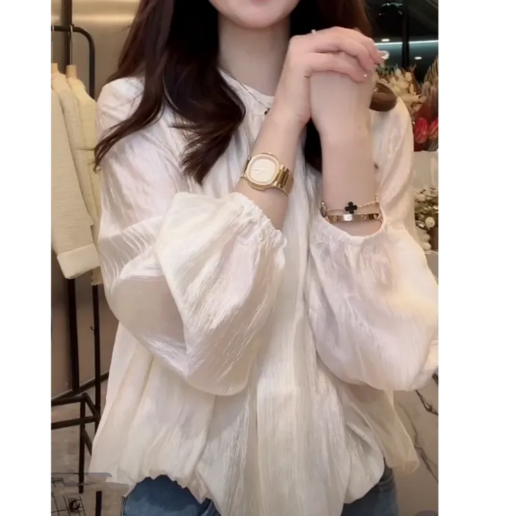 设计感纽扣纯色圆领衬衫女2025春季爆款洋气优雅风外穿长袖衬衣