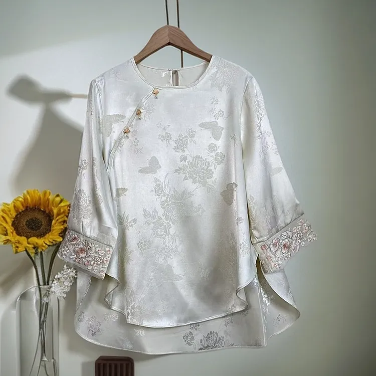 新中式提花衬衫春秋女装七分袖小衫夏季新款时尚衬衣国风刺绣上衣