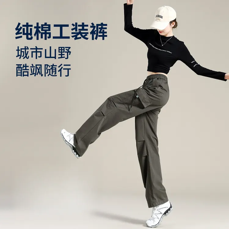 灰色加绒纯棉工装裤女款休闲新款酷飒风运动裤子秋冬季美式冲锋裤