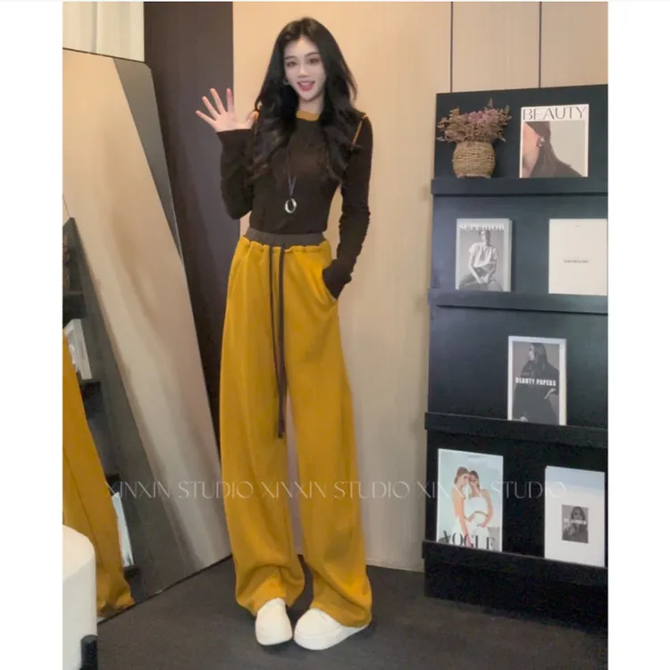 Yancey 燕西(必入款)加绒秋冬款糯米窄版拖地裤”软糯垂感显瘦阔腿裤MU2018