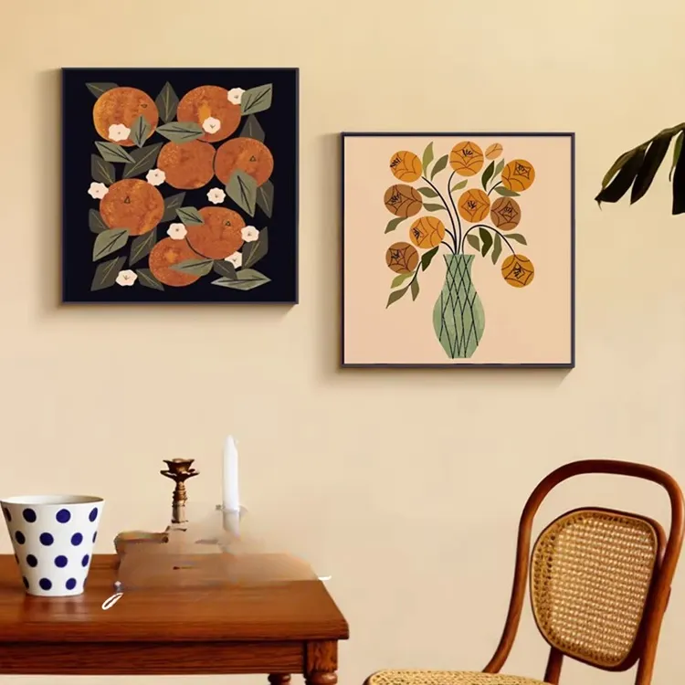 柿柿如意寓意好餐厅装饰画小众艺术中古风客厅壁画高级感卧室挂画