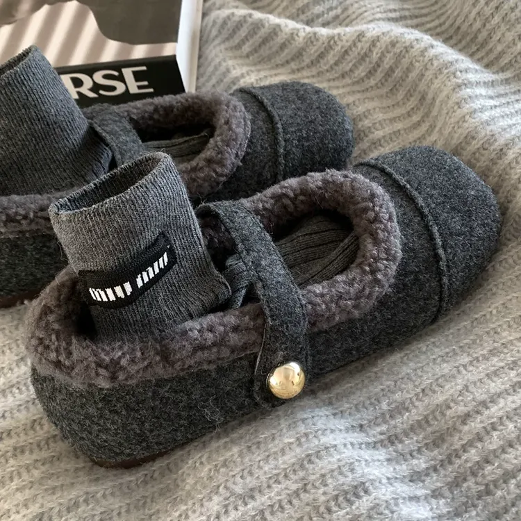 毛绒单鞋～网红张元英同款保暖miu平底高级感单鞋玛丽珍加绒毛毛鞋