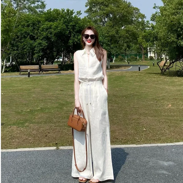 新款法式气质无袖上衣长裤套装财阀千金女装洋气爆款绝美沙滩出游