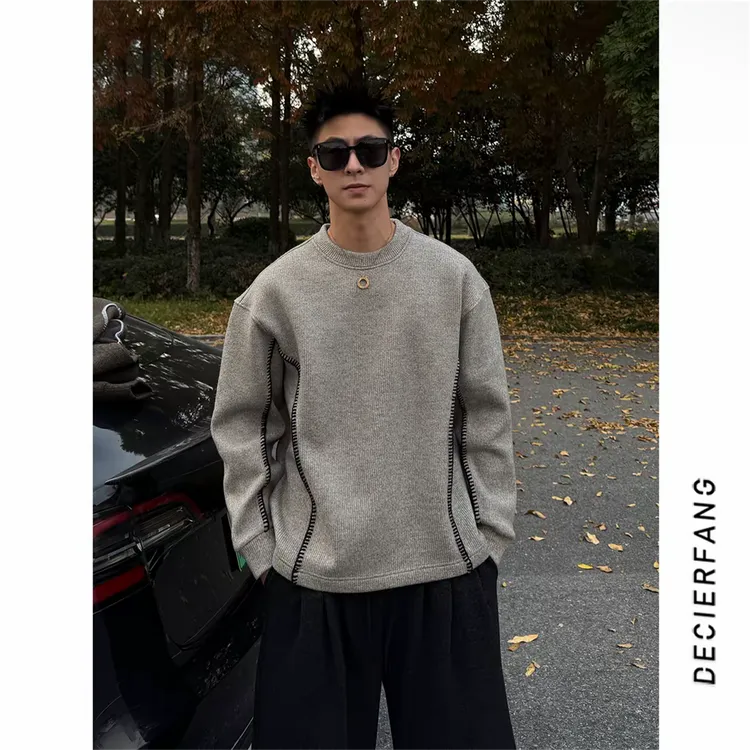 冬季新款羊毛混纺重磅加绒撞色花边卫衣男士潮流圆领套头上衣打底